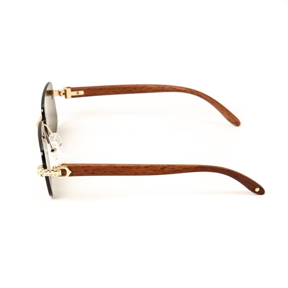 Mens Green Tint Rimless Gold Frame Vintage Wood Buffs Leopard Head Sunglasses - Picture 5 of 6